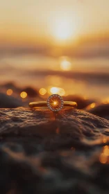 Sunlit engagement ring on wet rock at glowing seashore.