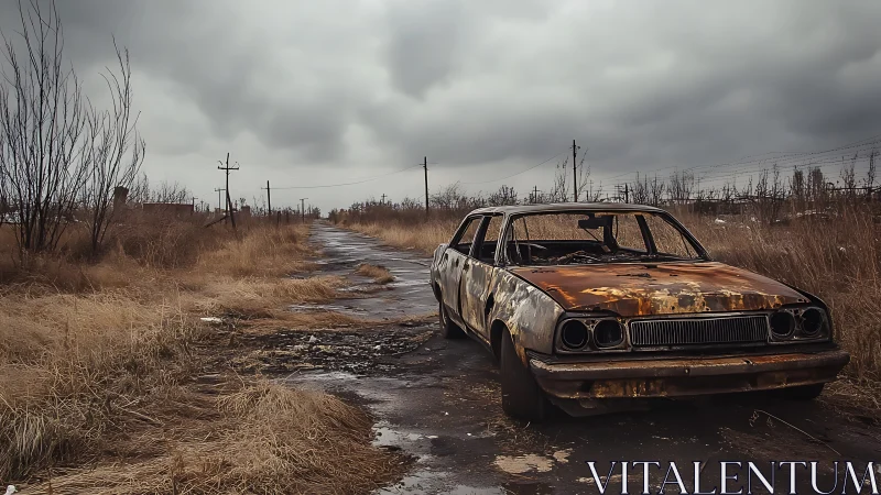 Rusting abandoned car sits on cracked rural roadside.