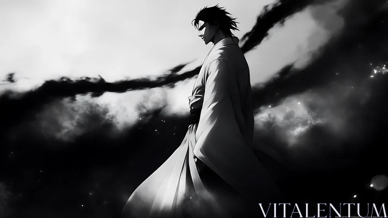 Solitary anime swordsman in swirling monochrome night.