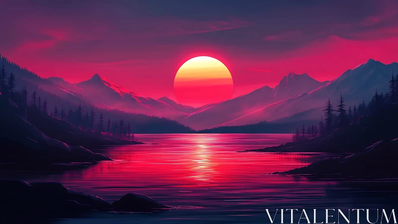 Neon sunset over stylized mountains and reflective lake.