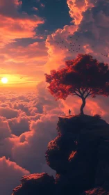 Solitary figure on cliff above clouds at vivid sunset.
