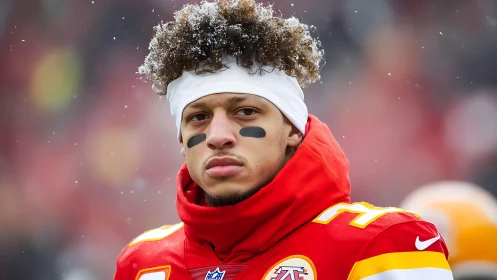 Focused football quarterback in red uniform under snowfall.