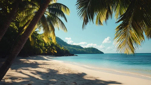 Tropical Paradise Beach with Palm Trees and Turquoise Waters.