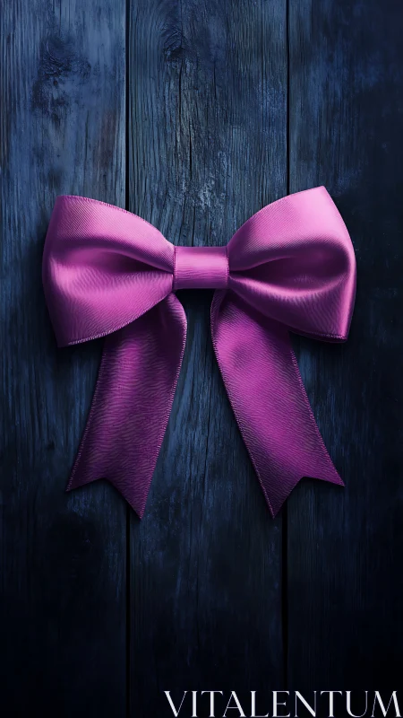 Pink Ribbon Bow on Dark Wood Background.