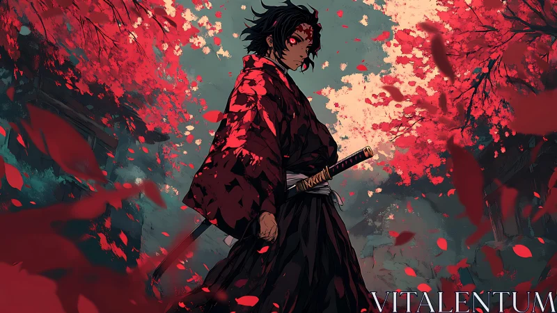 Samurai warrior stands under crimson foliage in dynamic anime tableau