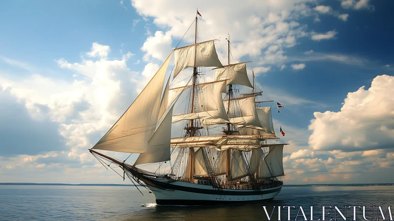 Sunlit tall ship gliding under cloud castles at sea.