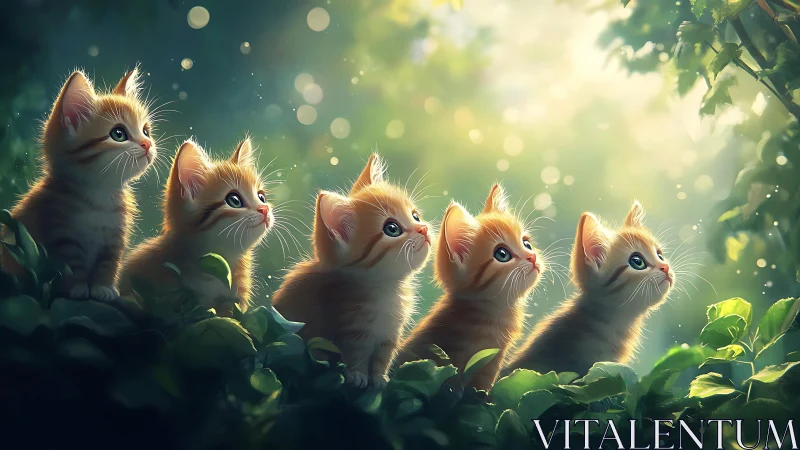 Luminous Kittens in Verdant Forest Setting with Bokeh Light Effects