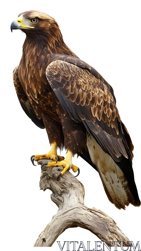 Golden eagle perched on driftwood rendered in photoreal detail