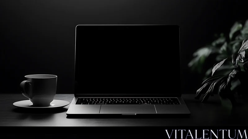 Minimalist laptop workstation in low key cinematic lighting
