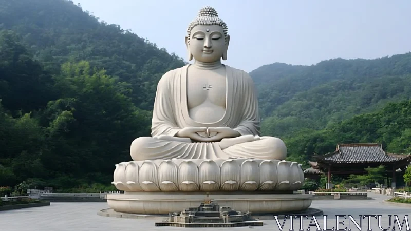 Gentle mountain Buddha watching over a quiet valley plaza.