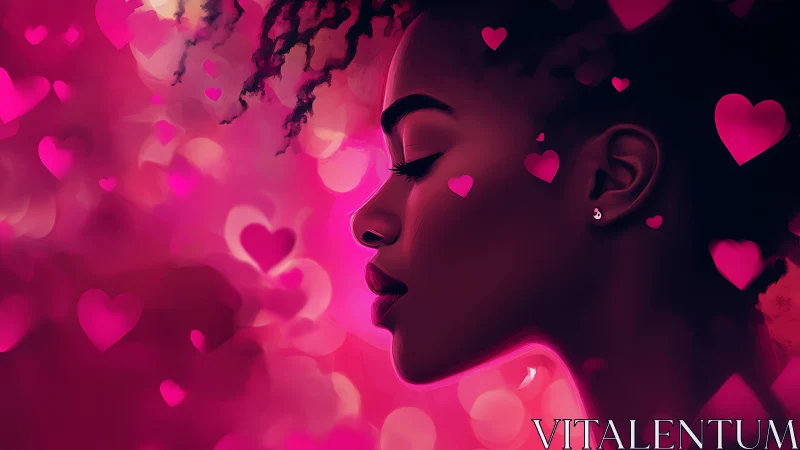 Neon pink portrait with luminous heart shapes in digital 3D rendering