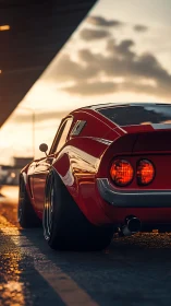 Sunlit red classic sports car under elevated roadway.