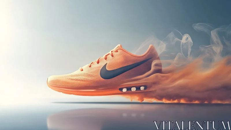 Orange running shoe is rendered in motion with trailing smoke