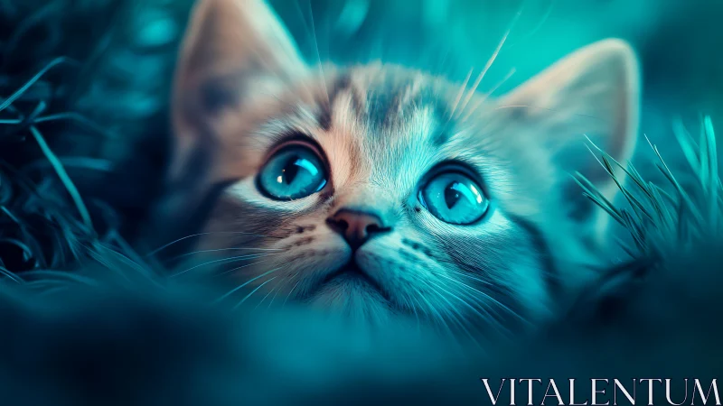 Turquoise Cat with Bright Blue Eyes in Nature.