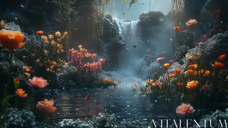 Moonlit waterfall garden where firefly petals wander.