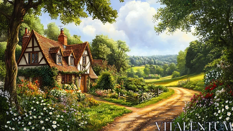 Sunlit cottage borders winding country lane in bloom