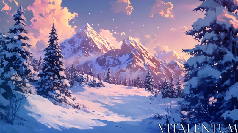 Snow-dusted pines applaud a blazing pastel mountain sunrise