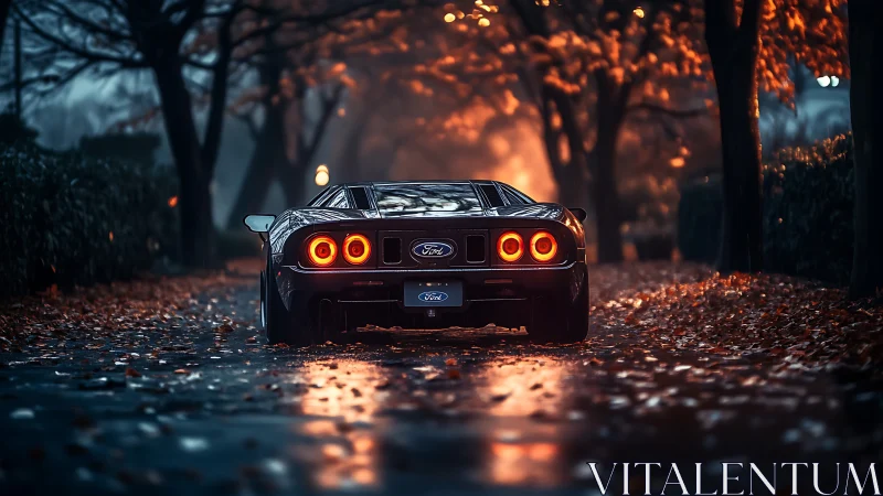 Photorealistic rear-angle sports car in cinematic autumn alley.