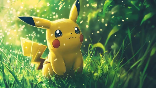 Electric creature in luminous forest meadow, soft bokeh glow.