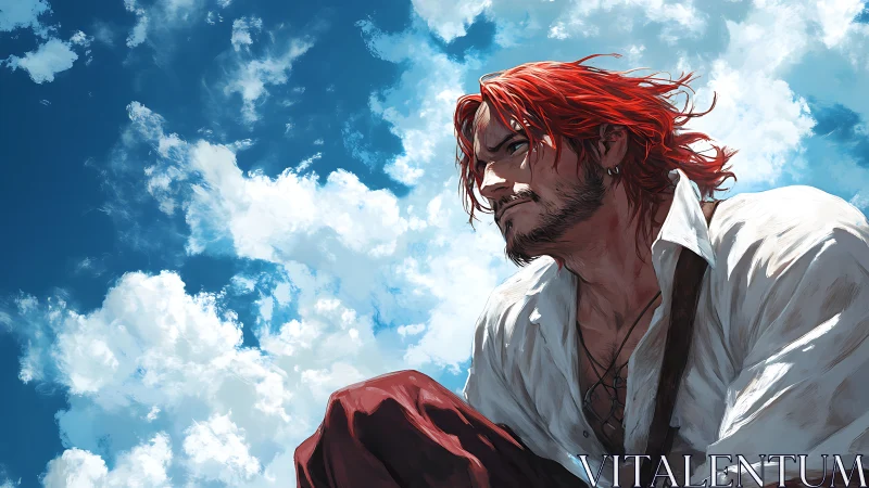 Red-haired man in white shirt seated under bright sky.