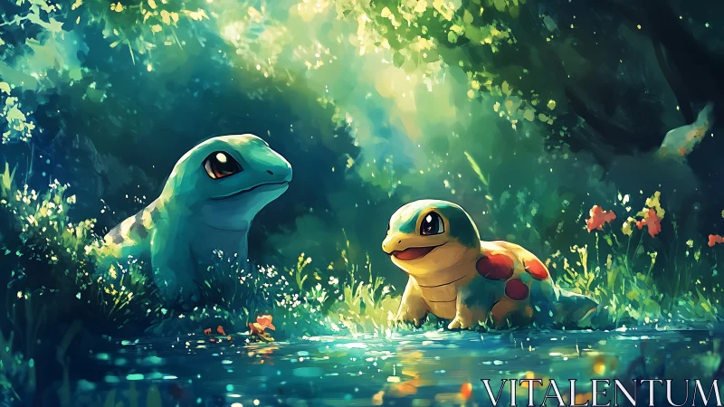 Luminescent creature duo converse by a forest stream at dawn