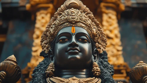 Ornate Hindu deity statue in warm golden temple light