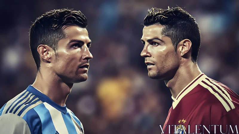 Dual football portraits contrast kits under stadium bokeh lights