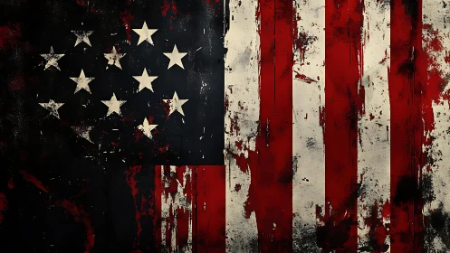 Battle-scarred stars and stripes in gritty abstract twilight.