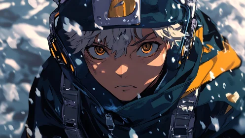 Snowbound scout locks gaze under stormlit orange visor.