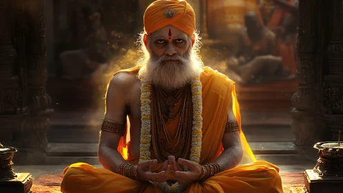 Photorealistic portrait of meditative Hindu guru in temple setting.