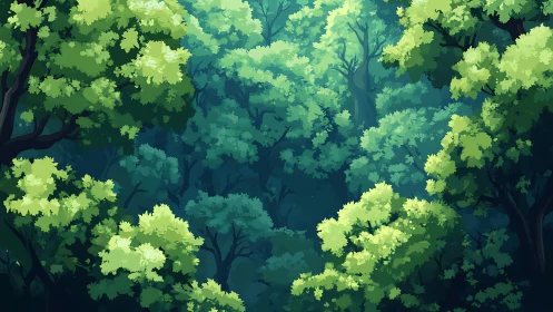 Dense forest canopy with layered foliage demonstrates depth through color gradation.