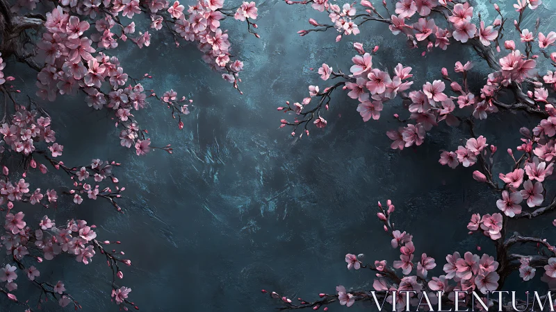Pink Cherry Blossom Branches Against Textured Teal Backdrop