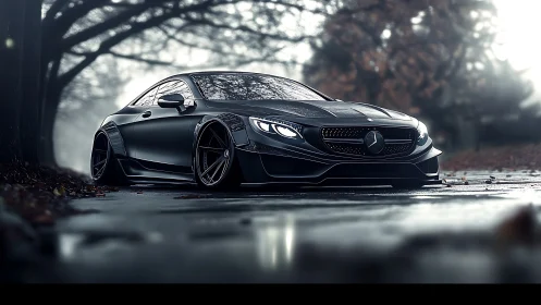 Midnight coupe prowls the misty avenue like liquid metal