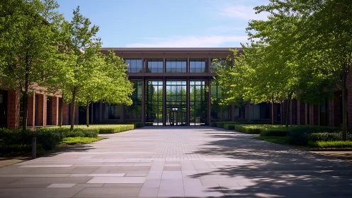 Modern campus courtyard framed by trees and glass facade.