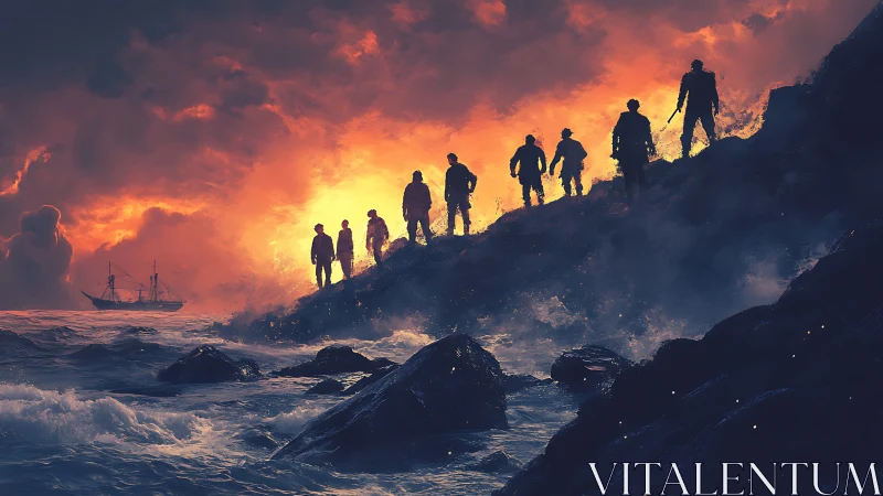 Silhouetted figures move along a rocky coast at sunset