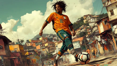 Street footballer in urban hillside settlement environment.