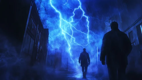 Men confront electric storm corridor under neon blue sky.