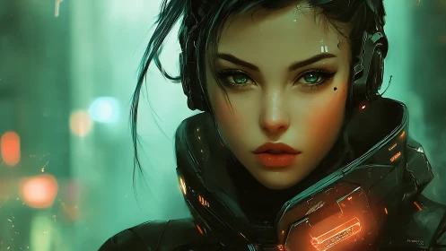 Neon-lit cyber warrior gazes ahead in a misty future city