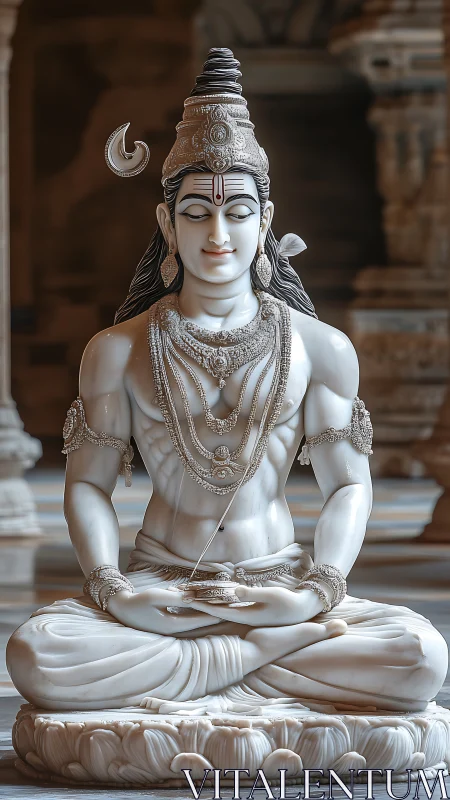 White marble Shiva statue in meditative seated posture.