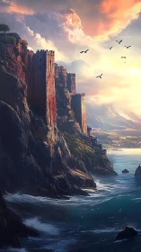 Fantasy fortress on coastal cliff with dramatic sunset and flying birds.