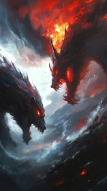 Two opposing dragon forms confront within turbulent sky
