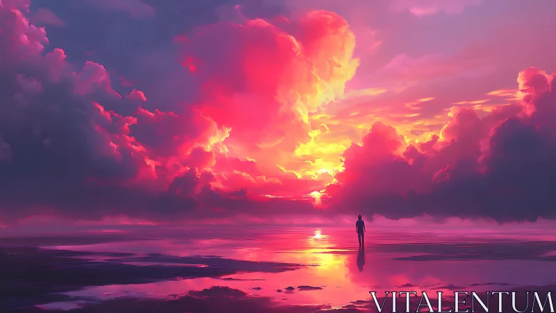 Soft horizon stroll beneath blazing pink twilight sky.