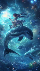 Girl rides luminous dolphin through a sparkling ocean dreamscape.