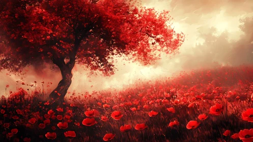 Red tree dominates poppy field under diffuse glowing sky
