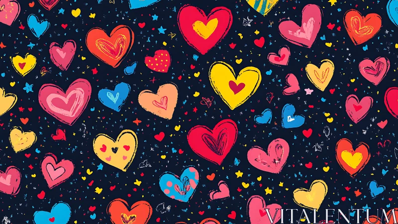 Colorful Hearts Pattern on Dark Navy Background.