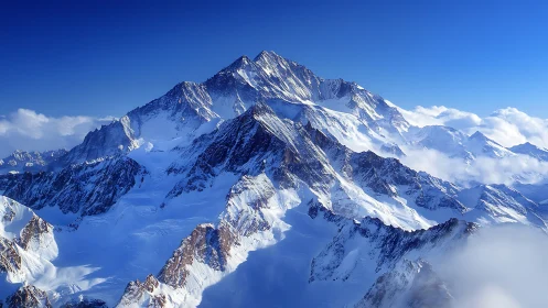 Snow covered mountain peaks under clear blue sky.