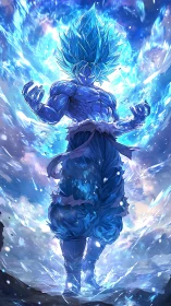 Blue-haired warrior in energy field with upward viewpoint.