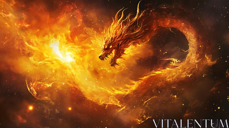 Fiery serpentine dragon form curves through dense glowing plasma