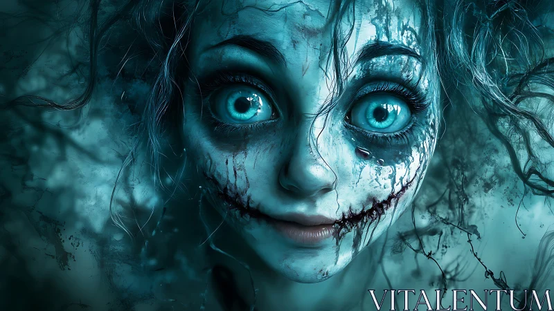 Bleak-eyed ghost girl in icy teal horror portrait art.