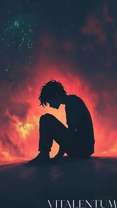 Silhouetted seated figure before red cloud and night sky.